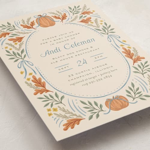 This is a cornflower baby shower postcards with standard by Laura Hankins called pumpkins + bows printing on signature in postcard