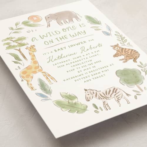 This is a jungle baby shower postcards with standard by Creo Study called a wild one printing on signature in postcard