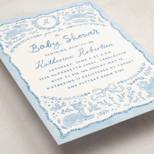 This is a sky baby shower postcards with standard by Creo Study called folk woodland printing on signature in postcard
