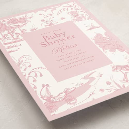 This is a blush baby shower postcards with standard by Teju Reval called baby toile printing on signature in postcard