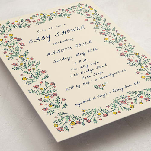 This is a midnight baby shower postcards with standard by Sarah Rosenthal called blossoming love printing on signature in postcard