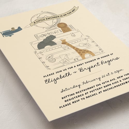 This is a butter baby shower postcards with standard by Jenna Holcomb called little explorer printing on signature in postcard