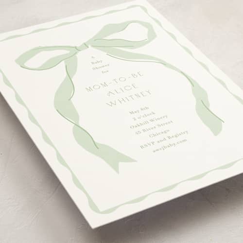 This is a mint baby shower postcards with standard by Baumbirdy called framed bow printing on signature in postcard