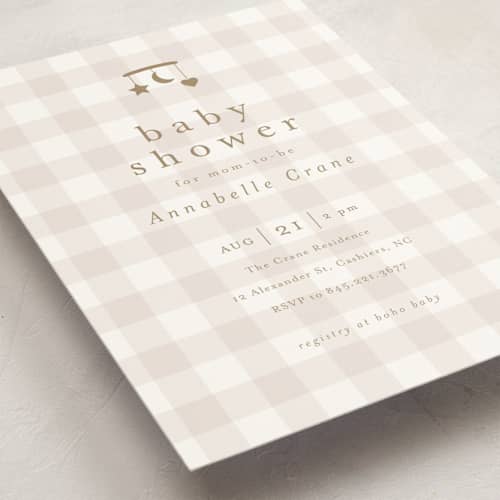 This is a taupe baby shower postcards with standard by Stacey Meacham called gingham mobile printing on signature in postcard