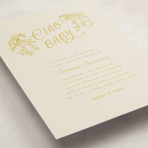 This is a limoncello baby shower postcards with standard by Pati Cascino called ciao baby printing on signature in postcard