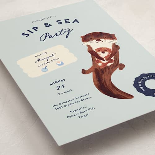 This is a sea baby shower postcards with standard by Gwen Bedat called sip & sea printing on signature in postcard