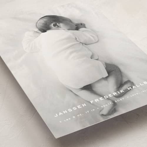 This is a pearl petite birth announcements with standard by chocomocacino called pastizzi printing on signature in petite