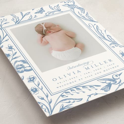 This is a cloud petite birth announcements with standard by Teju Reval called dreamy garden printing on signature in petite