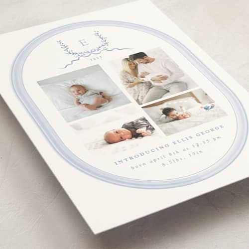 This is a frost petite birth announcements with standard by Corinne Malesic called festive monogram printing on signature in petite