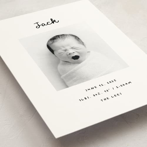 This is a snow petite birth announcements with standard by AK Graphics called cursive printing on signature in petite