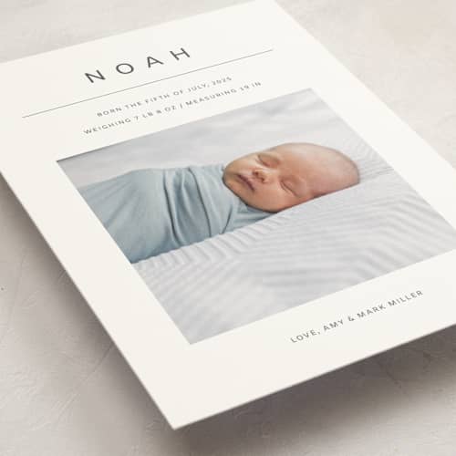 This is a cotton petite birth announcements with standard by Ani Somi called noah printing on signature in petite