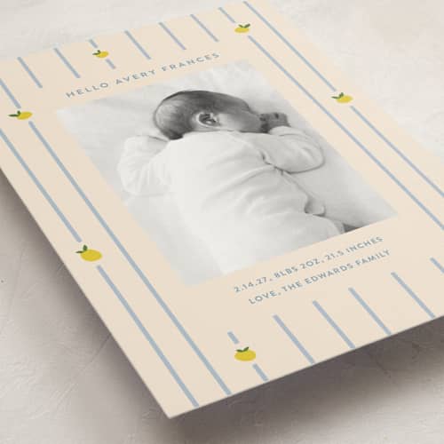 This is a carribean petite birth announcements with standard by Carolyn MacLaren called lemon stripes printing on signature in petite