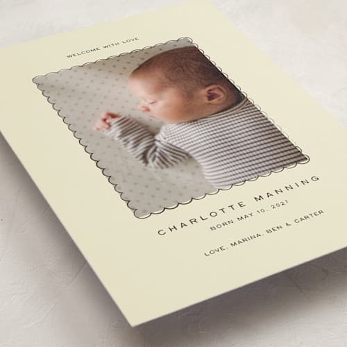 This is a buttercream petite birth announcements with standard by Ani Somi called petal frame printing on signature in petite