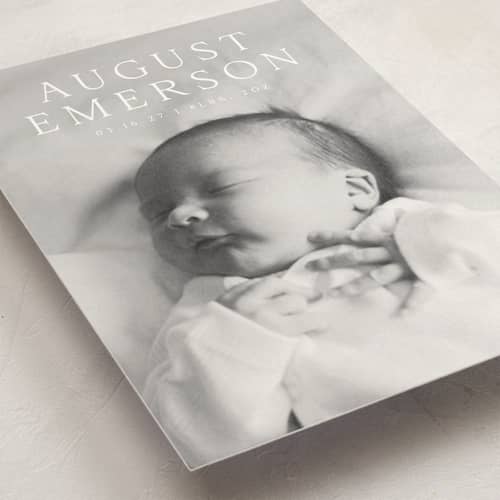 This is a cotton petite birth announcements with standard by Olivia Raufman called bold intro printing on signature in petite