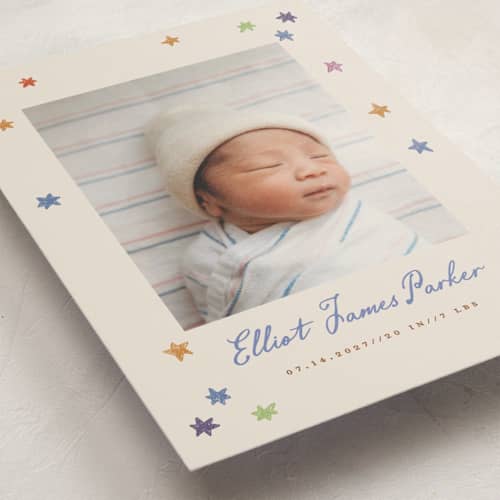 This is a rainbow petite birth announcements with standard by Maja Cunningham called starlight printing on signature in petite