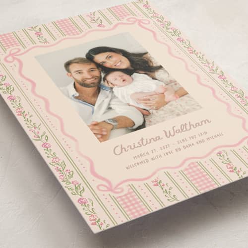 This is a ballet slipper petite birth announcements with standard by Creo Study called cottagecore wallpaper printing on signature in petite