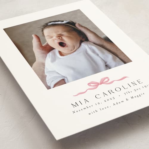 This is a cotton candy petite birth announcements with standard by Paula Pecevich called sweet bow printing on signature in petite