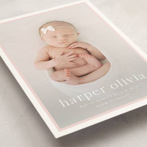 This is a rose petite birth announcements with standard by Alexandra Cohn called portraiture printing on signature in petite