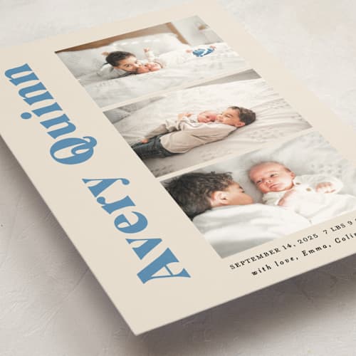This is a blueberry petite birth announcements with standard by Benita Crandall called moderne bébé printing on signature in petite