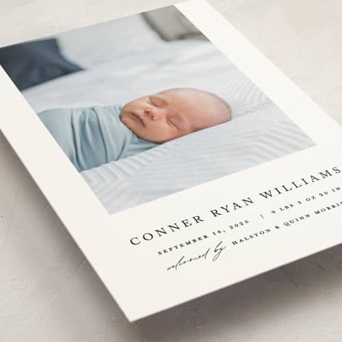 This is a onyx petite birth announcements with standard by Pixel and Hank called dreamer printing on signature in petite