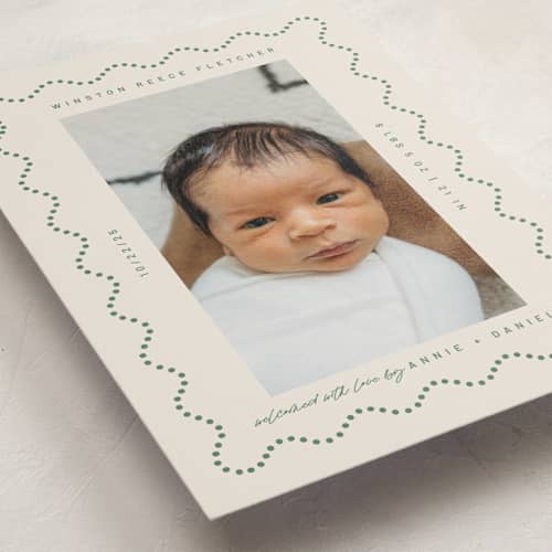This is a moss petite birth announcements with standard by Kelly Watkins called squiggle: landscape printing on signature in petite