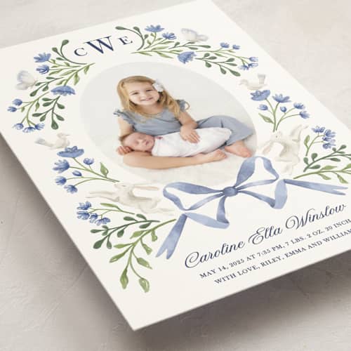 This is a bluebell petite birth announcements with standard by Alice Nelen called floral forest friends printing on signature in petite