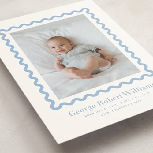 This is a bluebell petite birth announcements with standard by Megan Davis called ric rac printing on signature in petite