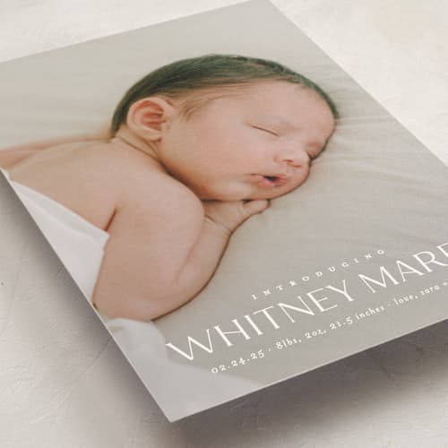 This is a cloud petite birth announcements with standard by Carolyn MacLaren called baby classic printing on signature in petite