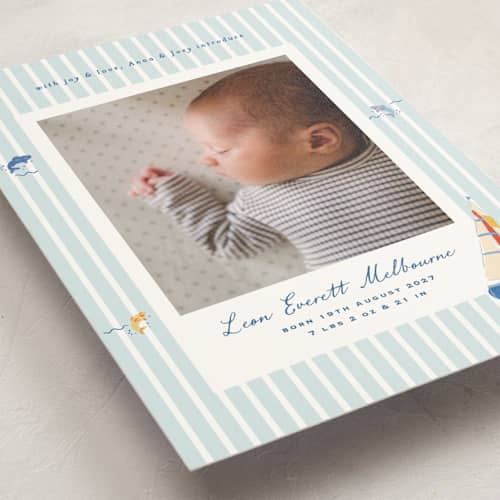 This is a maritime petite birth announcements with standard by Corinne Malesic called little sail boat printing on signature in petite