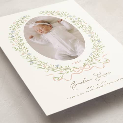 This is a vintage rose petite birth announcements with standard by Susan Zinader called floral crest printing on signature in petite