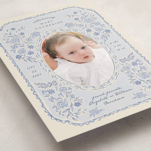 This is a delft petite birth announcements with standard by Grae called porcelain and lace printing on signature in petite
