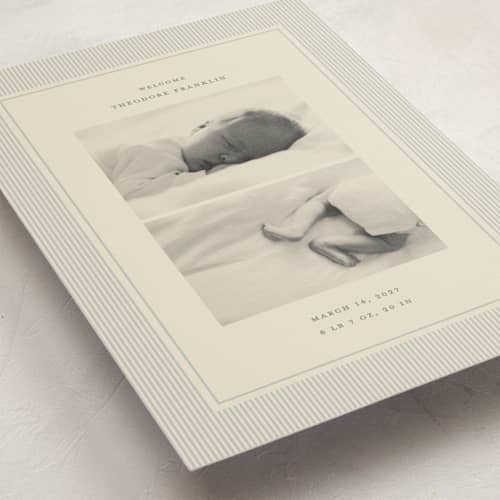 This is a powder petite birth announcements with standard by Ellen Schlegelmilch called pinstripe printing on signature in petite