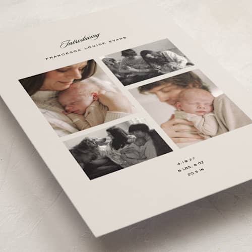 This is a parchment petite birth announcements with standard by Lea Delaveris called story printing on signature in petite