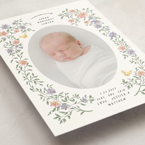 This is a garden petite birth announcements with standard by Grae called tiny flowers printing on signature in petite