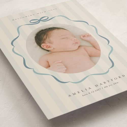 This is a lagoon petite birth announcements with standard by Lori Wemple called bows and stripes printing on signature in petite