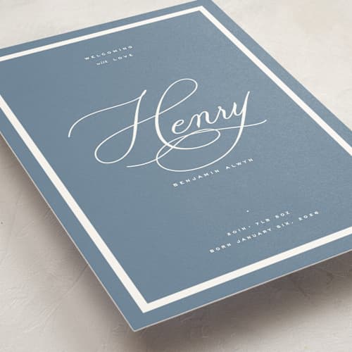 This is a sky petite birth announcements with standard by Blustery August called welcome baby printing on signature in petite