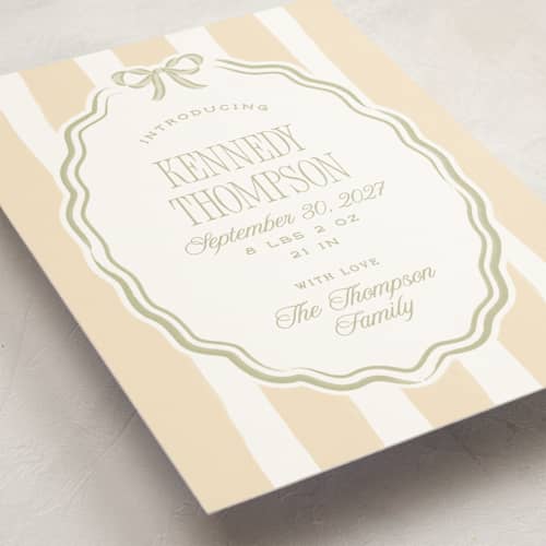 This is a sage petite birth announcements with standard by Robert and Stella called bow frame printing on signature in petite