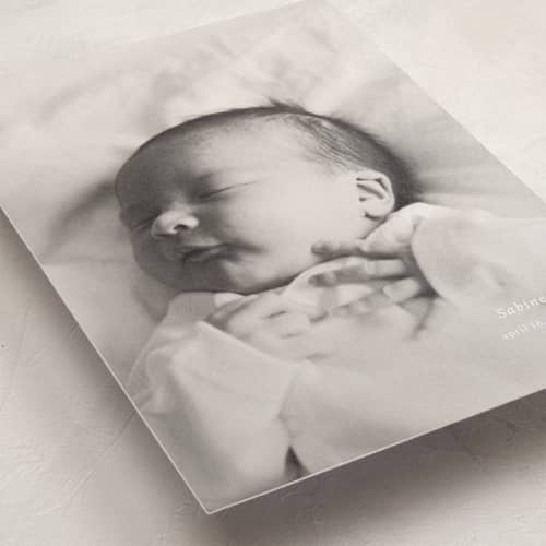 This is a linen birth announcement postcards with standard by Ani Somi called sabine printing on signature in postcard