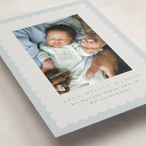 This is a sky birth announcement postcards with standard by Nicoletta Savod called charmed printing on signature in postcard