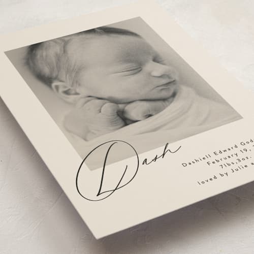 This is a vanilla birth announcement postcards with standard by Olivia Raufman called dashing printing on signature in postcard