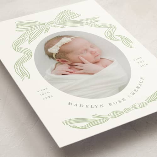 This is a mint birth announcement postcards with standard by Stephanie Hawkes called ribbon bow frame printing on signature in postcard