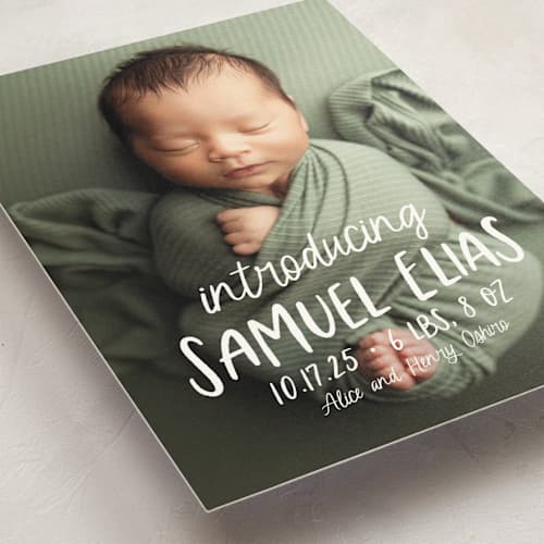 This is a cloud birth announcement postcards with standard by Lea Delaveris called all write printing on signature in postcard