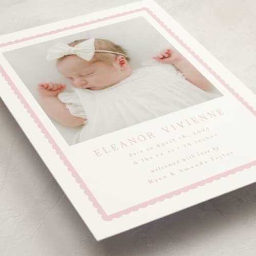 This is a petal birth announcement postcards with standard by Emily Betts called sweetest scallop printing on signature in postcard