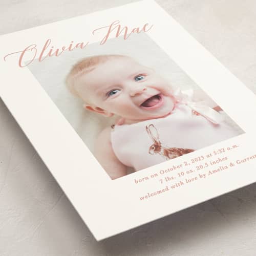 This is a sweet pea birth announcement postcards with standard by Jennifer Postorino called sweet script printing on signature in postcard