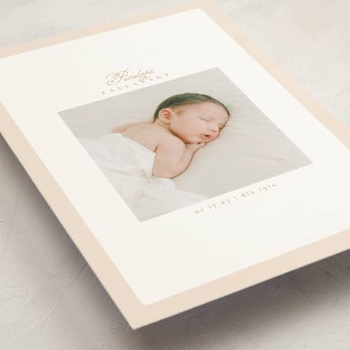 This is a peachy birth announcement postcards with standard by Phrosné Barwood called soft frame printing on signature in postcard