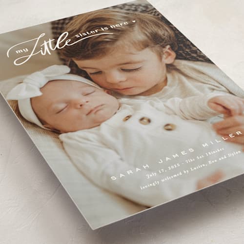 This is a cotton birth announcement postcards with standard by Creo Study called sibling intro printing on signature in postcard