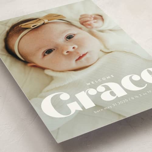 This is a pearl birth announcement postcards with standard by Lori Wemple called name printing on signature in postcard