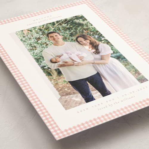 This is a blush birth announcement postcards with standard by Claudia Orengo called preppy fabric printing on signature in postcard