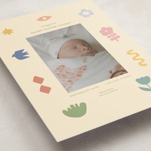This is a confetti birth announcement postcards with standard by Rina Ozum called scandi folk printing on signature in postcard