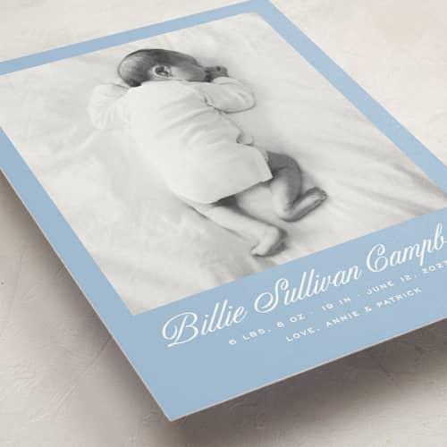 This is a chambray birth announcement postcards with standard by Megan Davis called chambray printing on signature in postcard